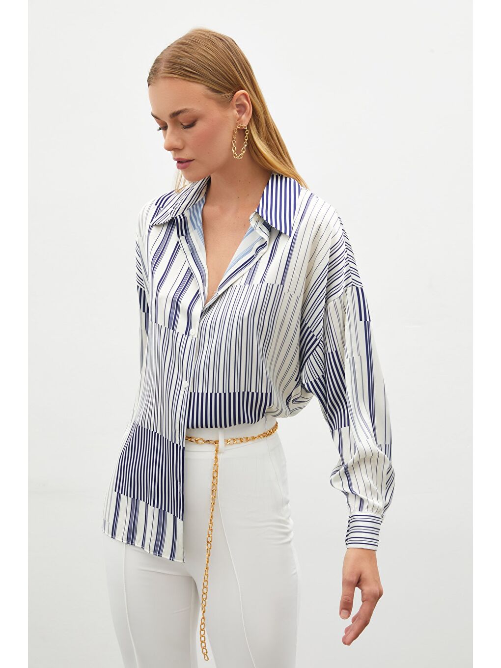 Çizgili Düz Gömlek - Sax Mavi-2