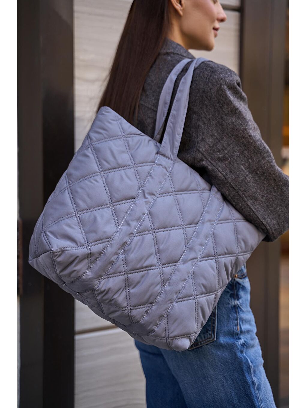 Taken Kapitone Desen Puf Kadın Çanta - Gri-1