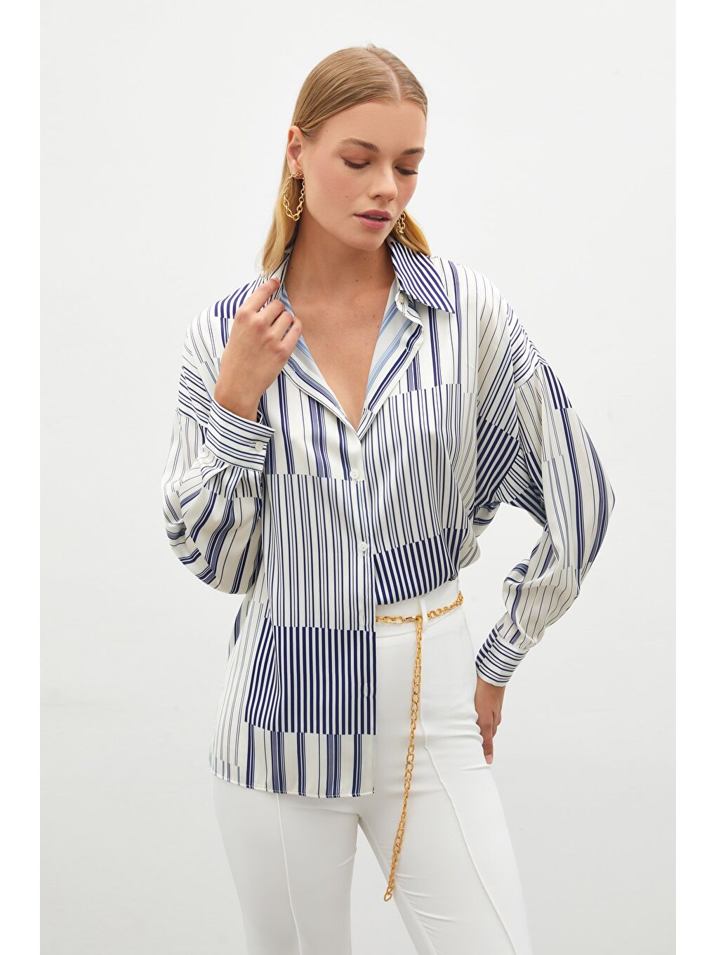 Çizgili Düz Gömlek - Sax Mavi-3