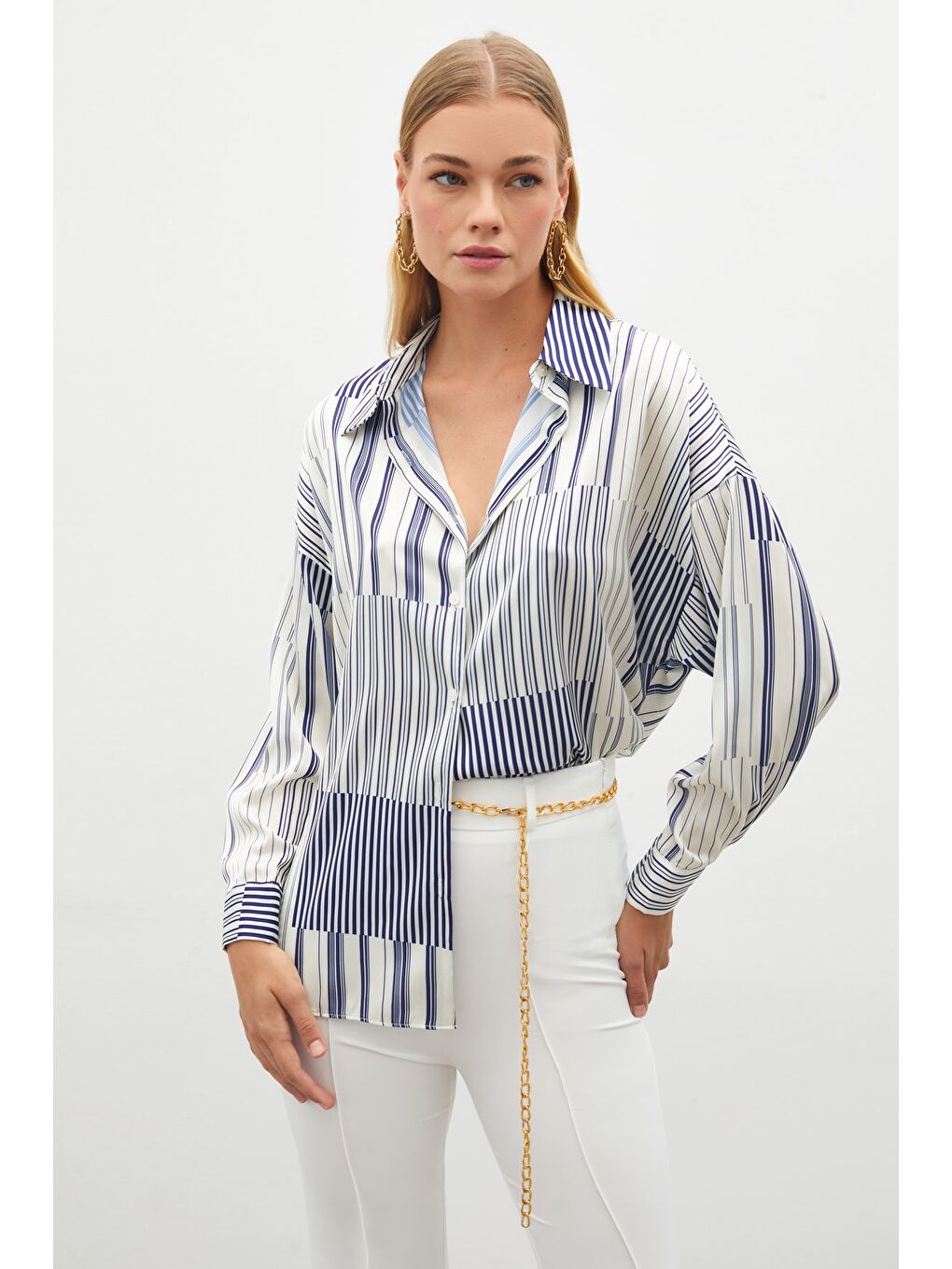 Çizgili Düz Gömlek - Sax Mavi-4