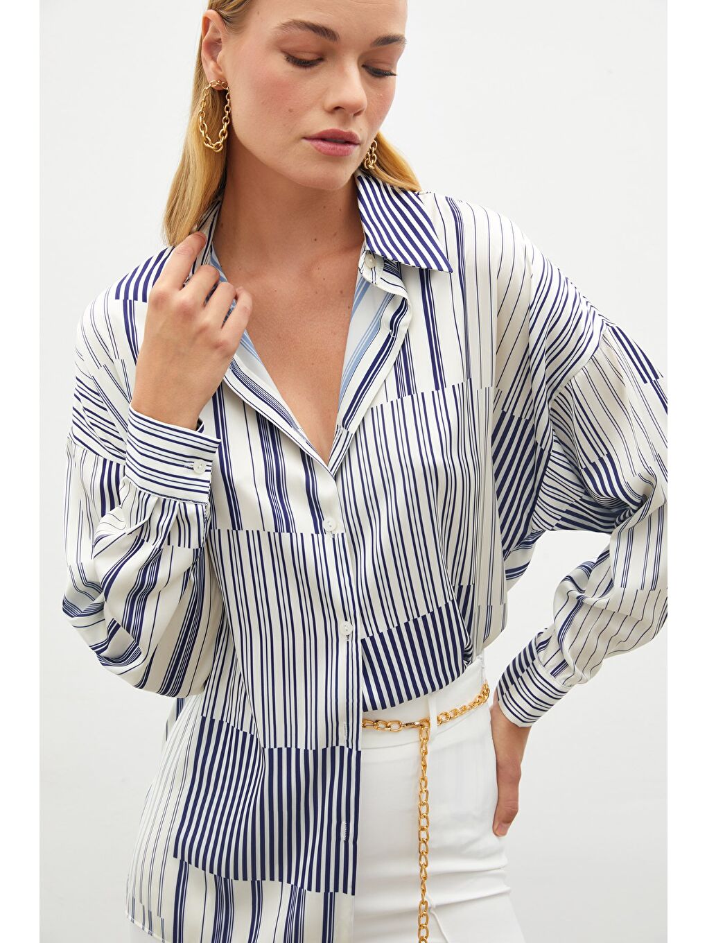 Çizgili Düz Gömlek - Sax Mavi-5