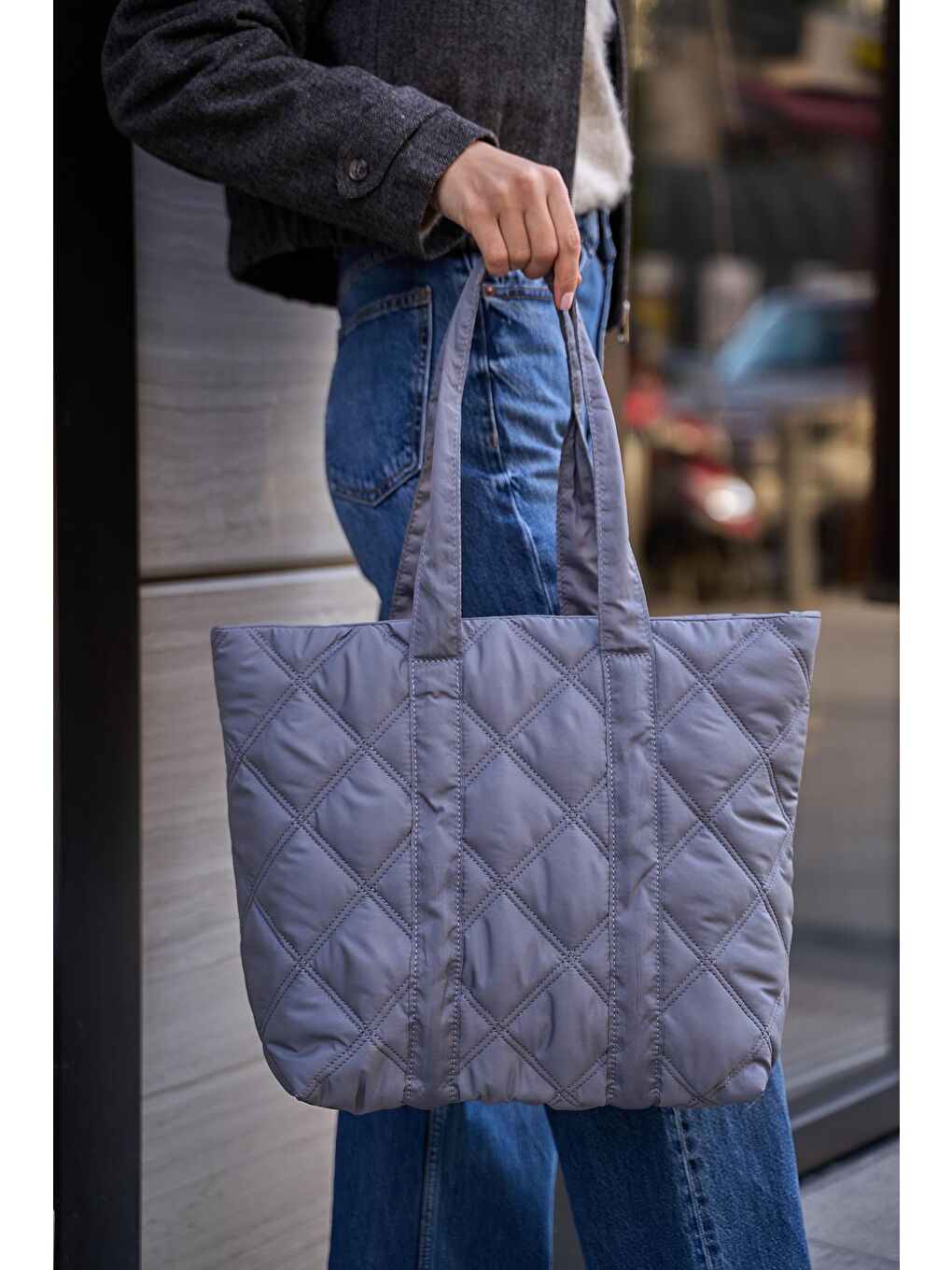 Taken Kapitone Desen Puf Kadın Çanta - Gri-2