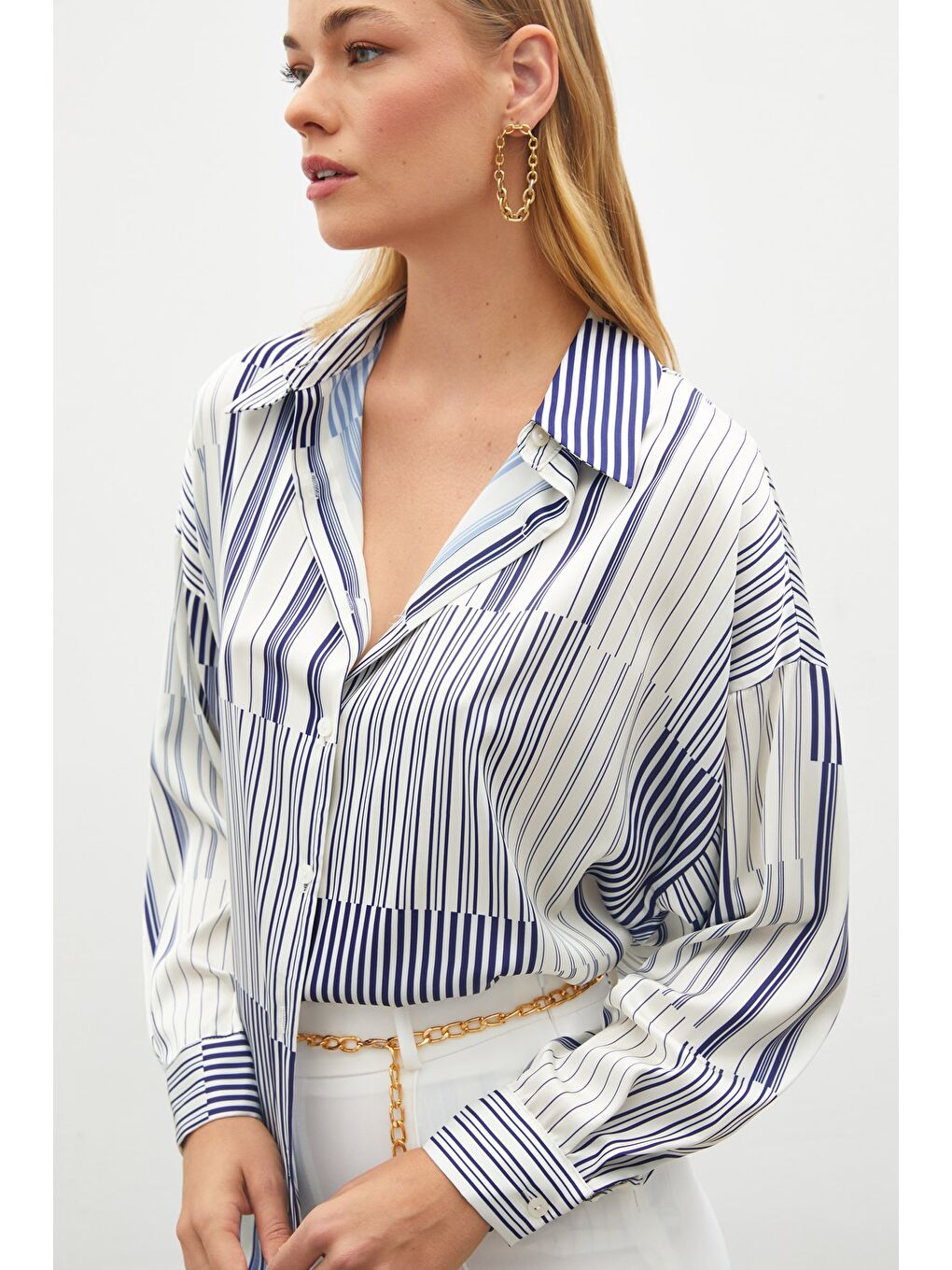 Çizgili Düz Gömlek - Sax Mavi-6