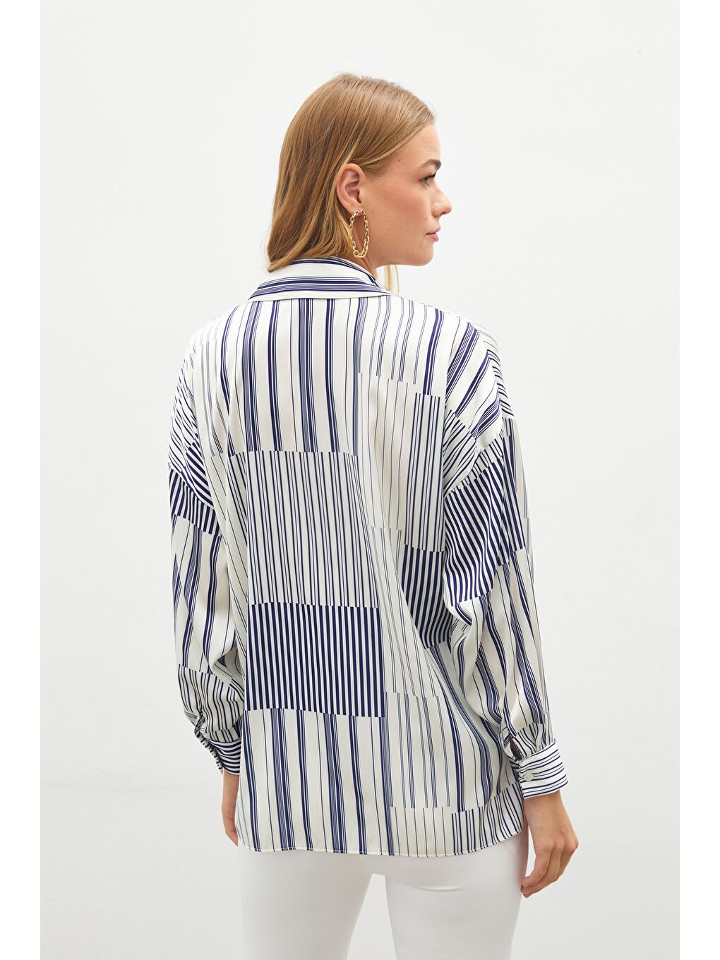 Çizgili Düz Gömlek - Sax Mavi-7