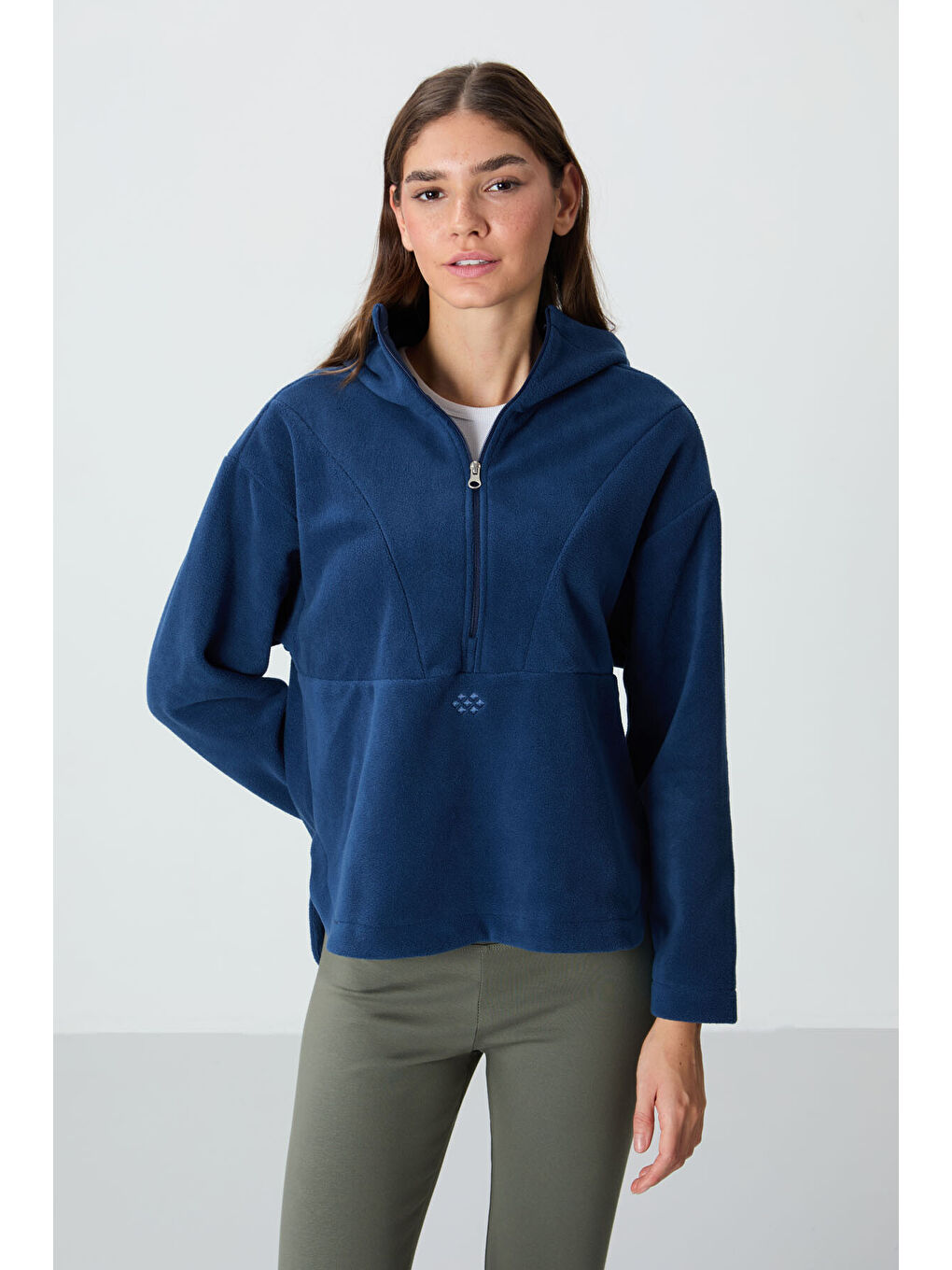 Lacivert Parlament Kalın Yumuşak Dokulu Kapüşonlu Oversize Nakışlı Polar Kadın Sweatshirt  97286