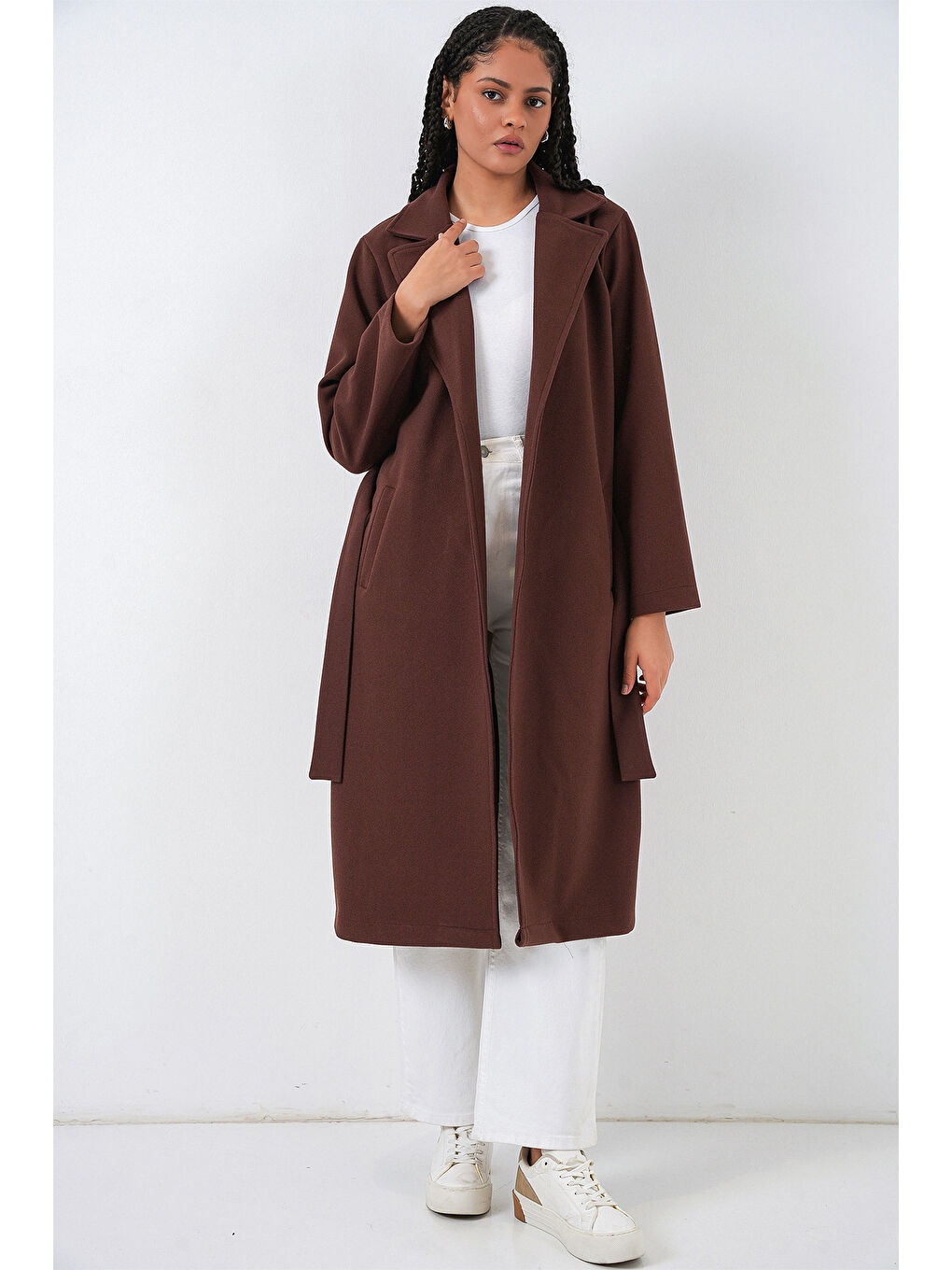 9118 Kruvaze Yaka Kaşe Kaban - Kahverengi-1