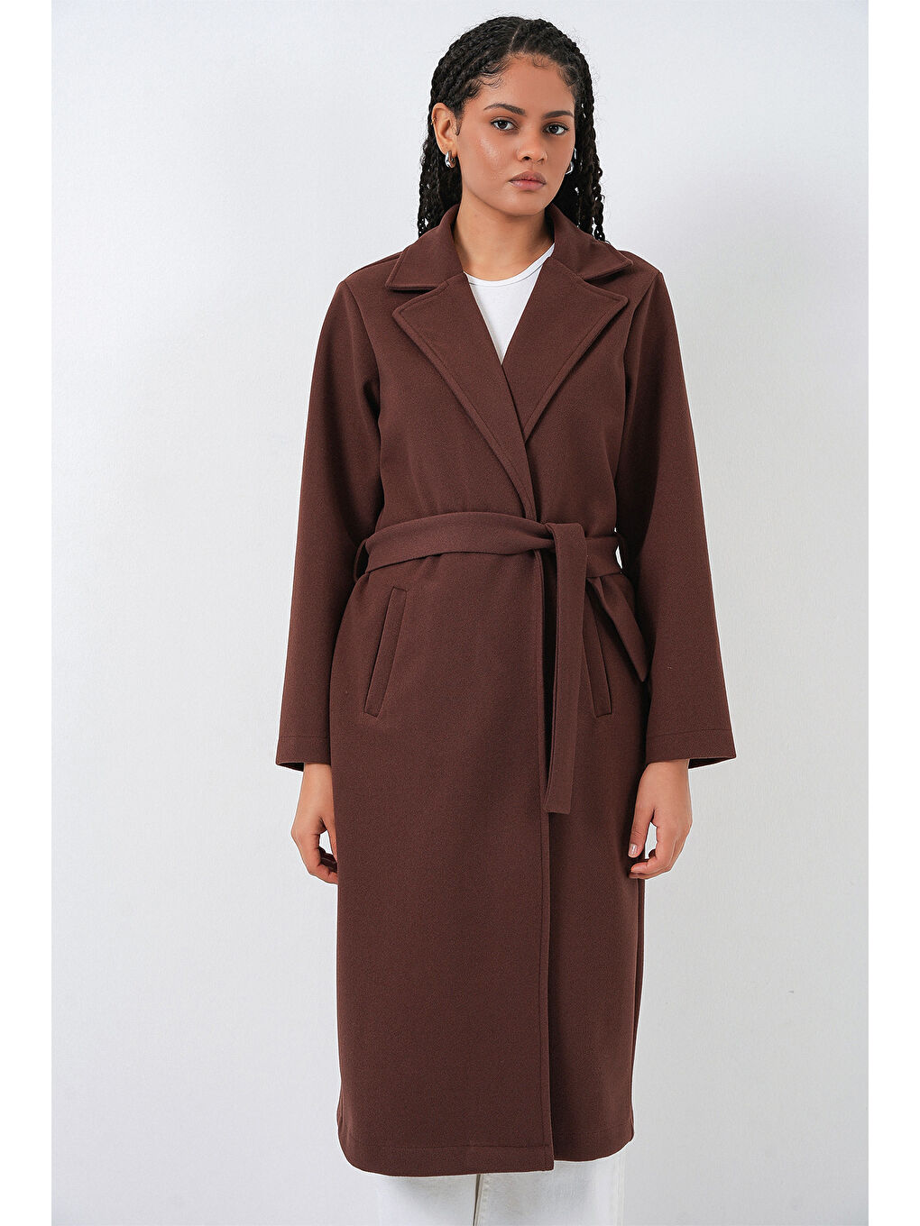 9118 Kruvaze Yaka Kaşe Kaban - Kahverengi-2