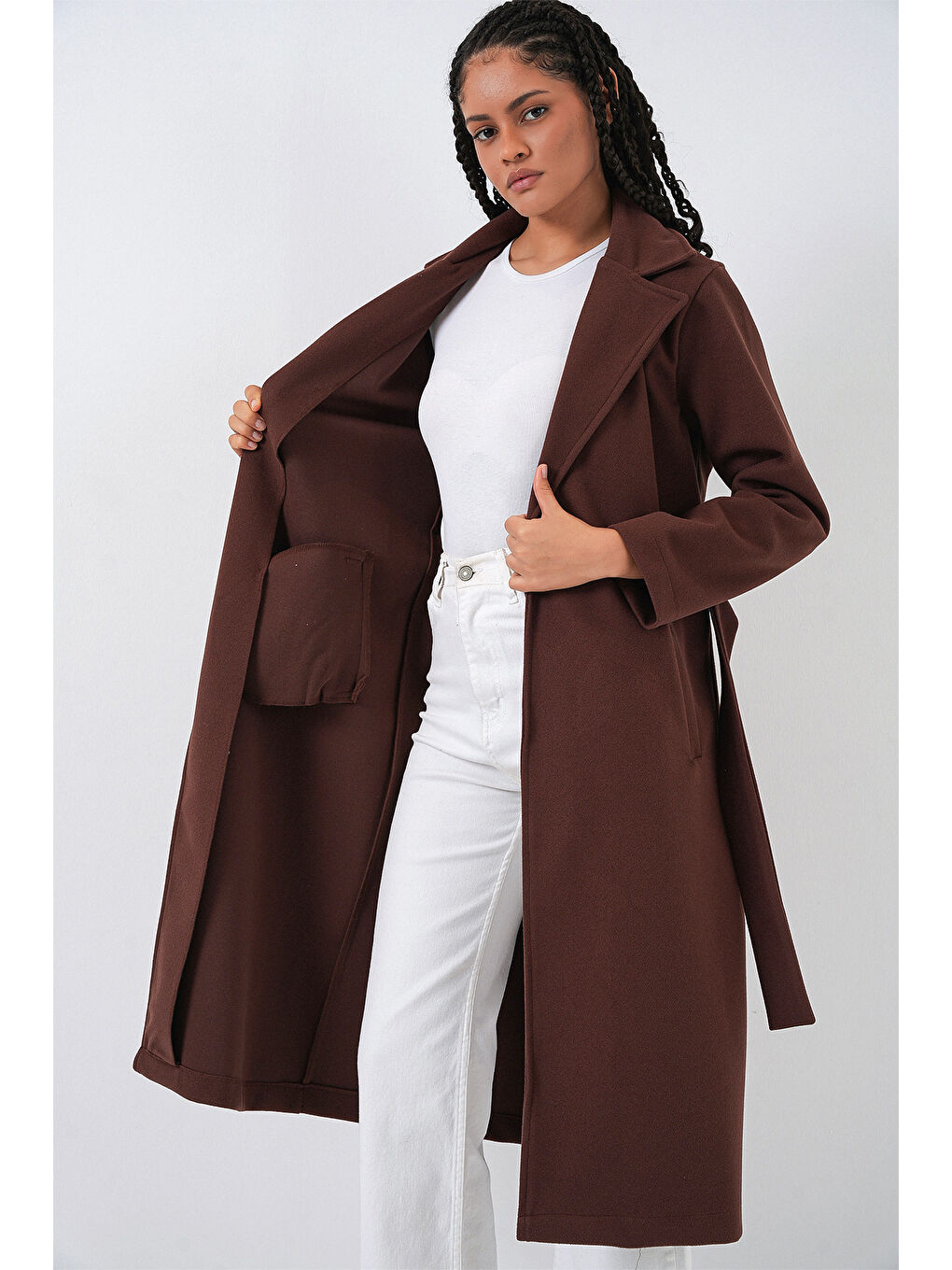 9118 Kruvaze Yaka Kaşe Kaban - Kahverengi-3