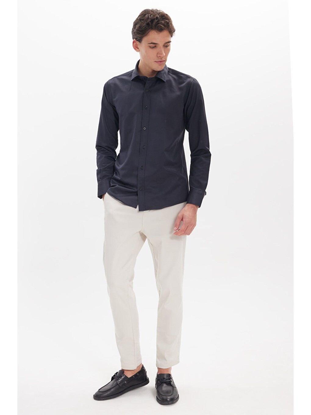 Erkek Modern Slim Fit Düz Saten Pamuklu Lacivert Gömlek-1