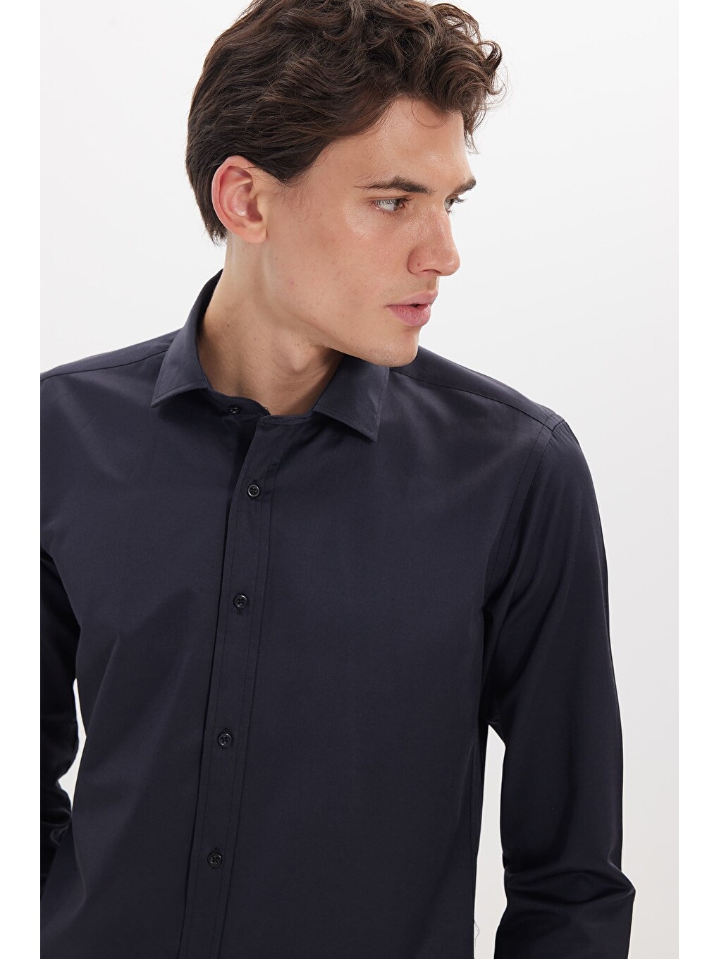 Erkek Modern Slim Fit Düz Saten Pamuklu Lacivert Gömlek-2