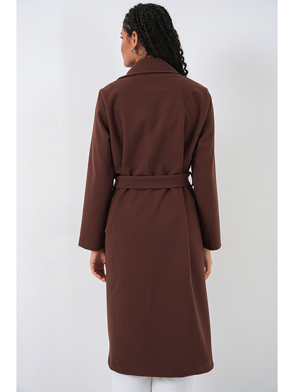 9118 Kruvaze Yaka Kaşe Kaban - Kahverengi-5