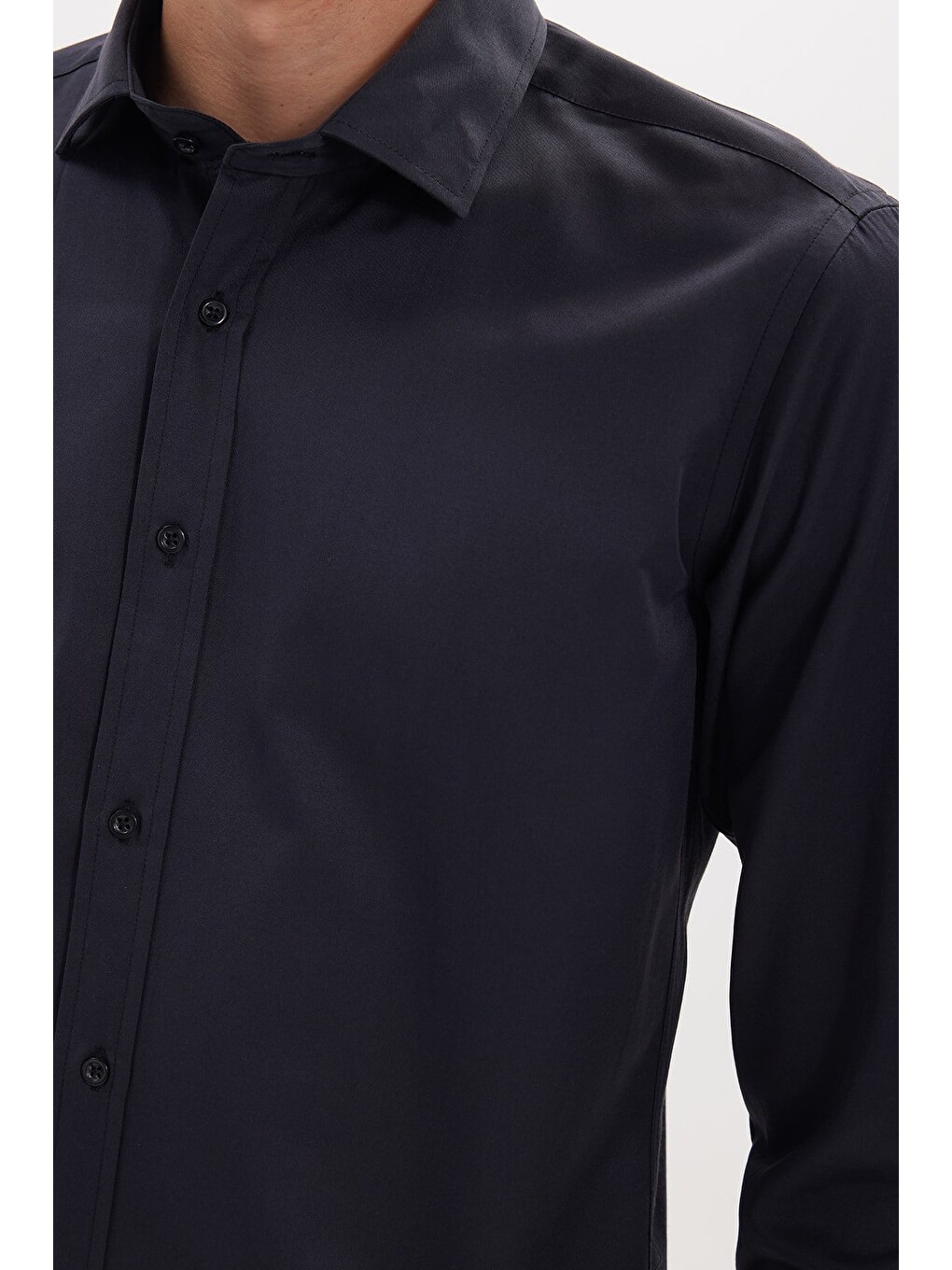 Erkek Modern Slim Fit Düz Saten Pamuklu Lacivert Gömlek-3
