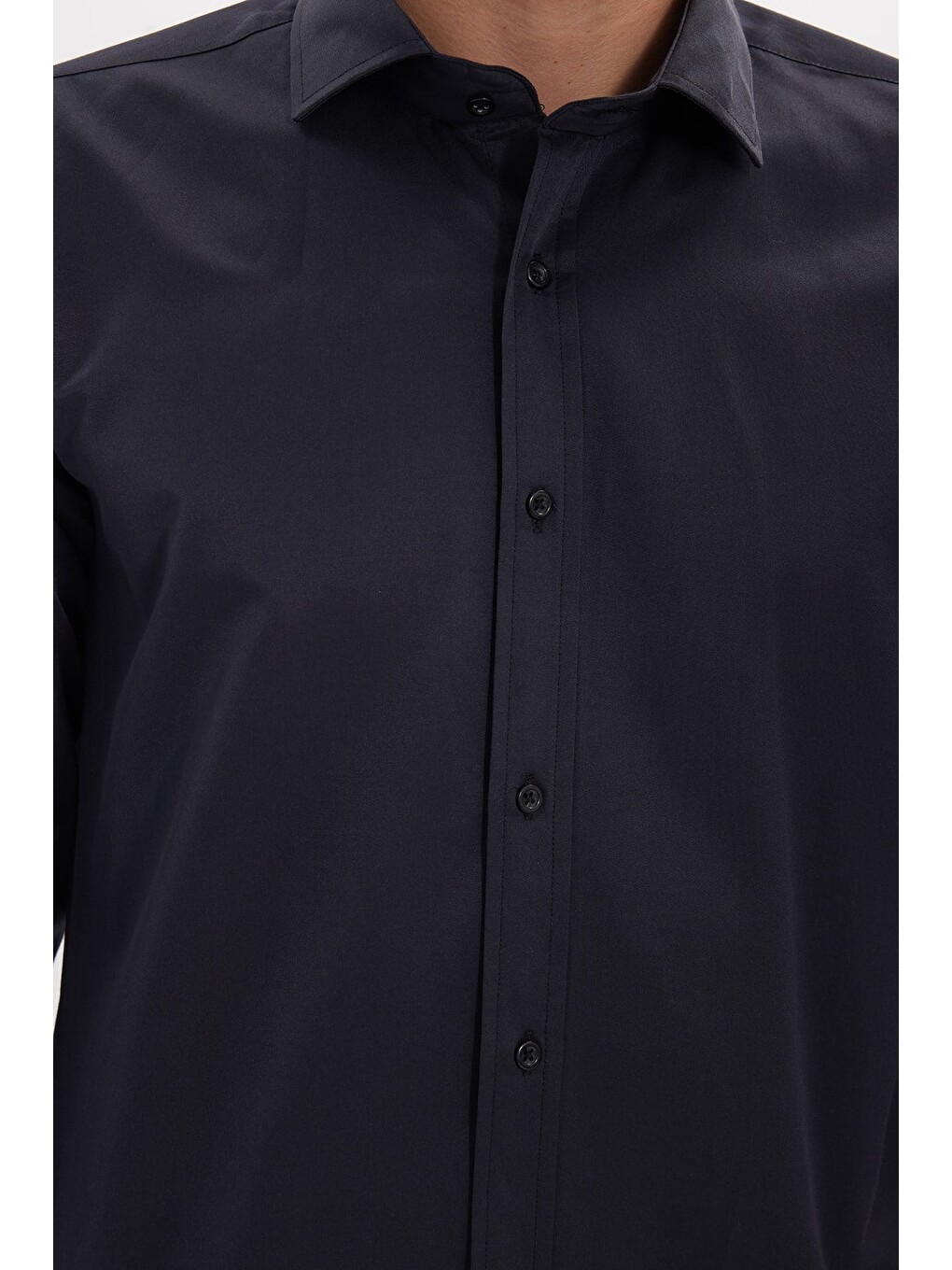 Erkek Modern Slim Fit Düz Saten Pamuklu Lacivert Gömlek-4