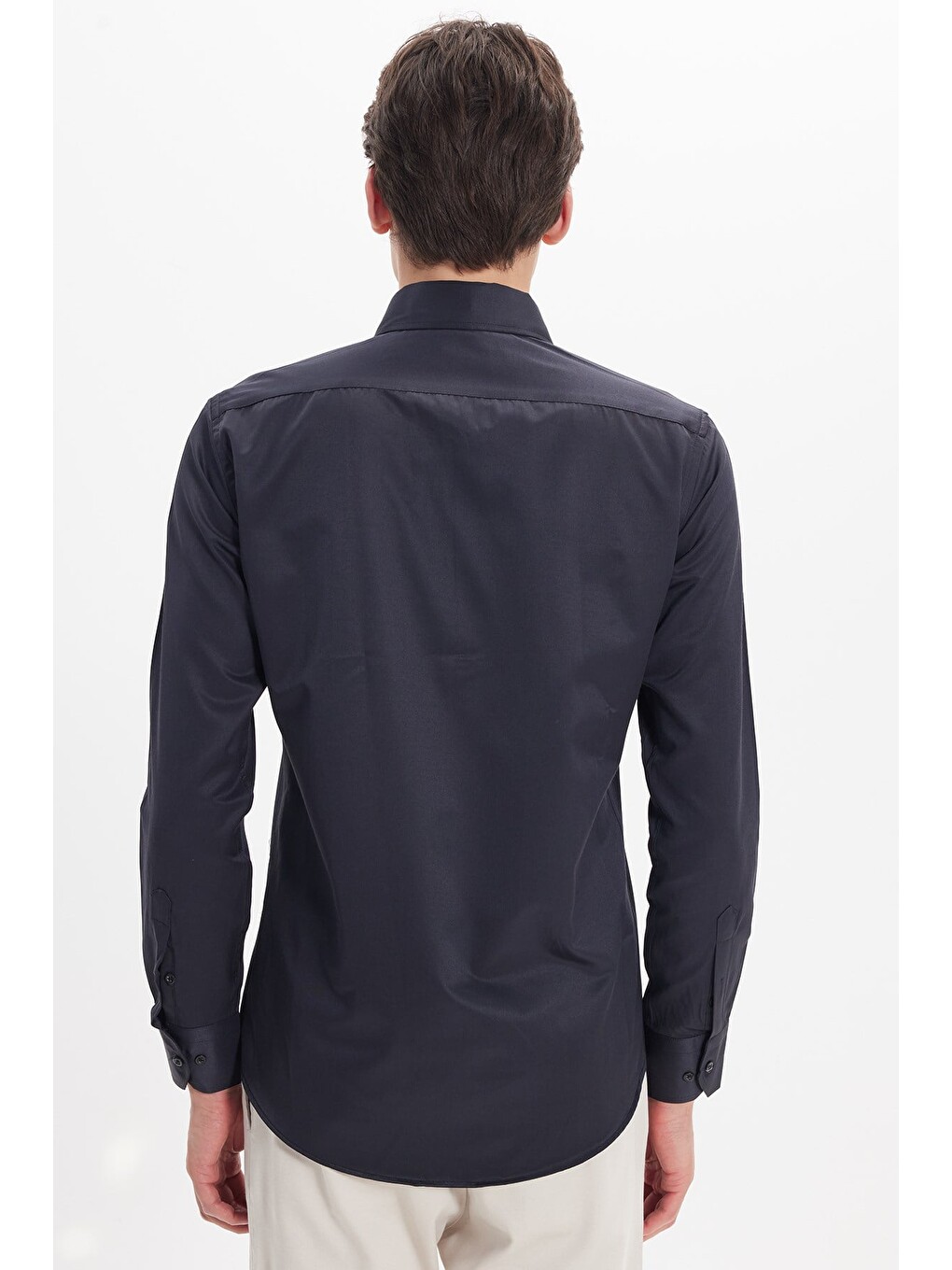 Erkek Modern Slim Fit Düz Saten Pamuklu Lacivert Gömlek-5
