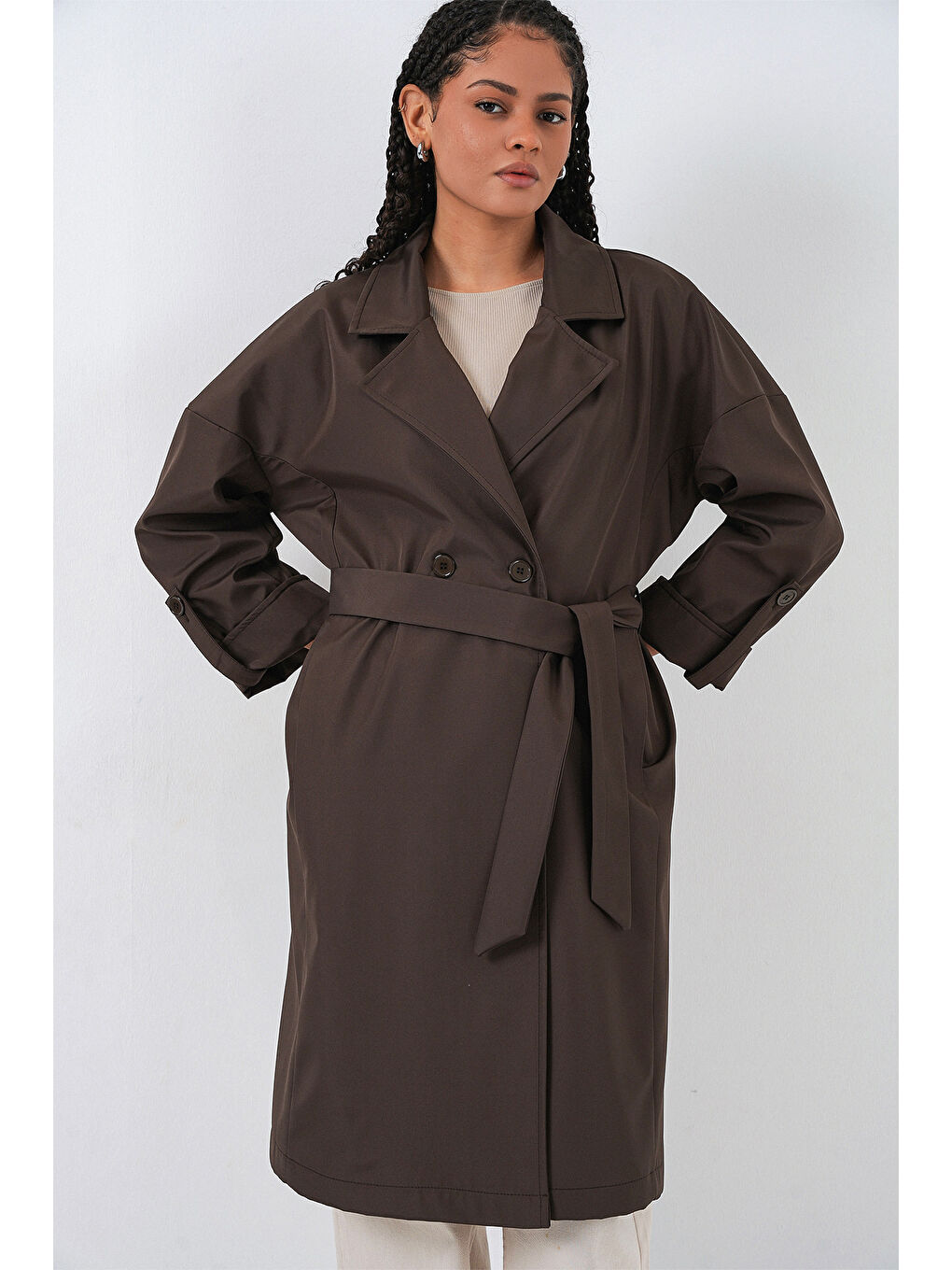 Kahverengi 9104 Kruvaze Yaka Astarlı Trençkot - A.Kahve-3