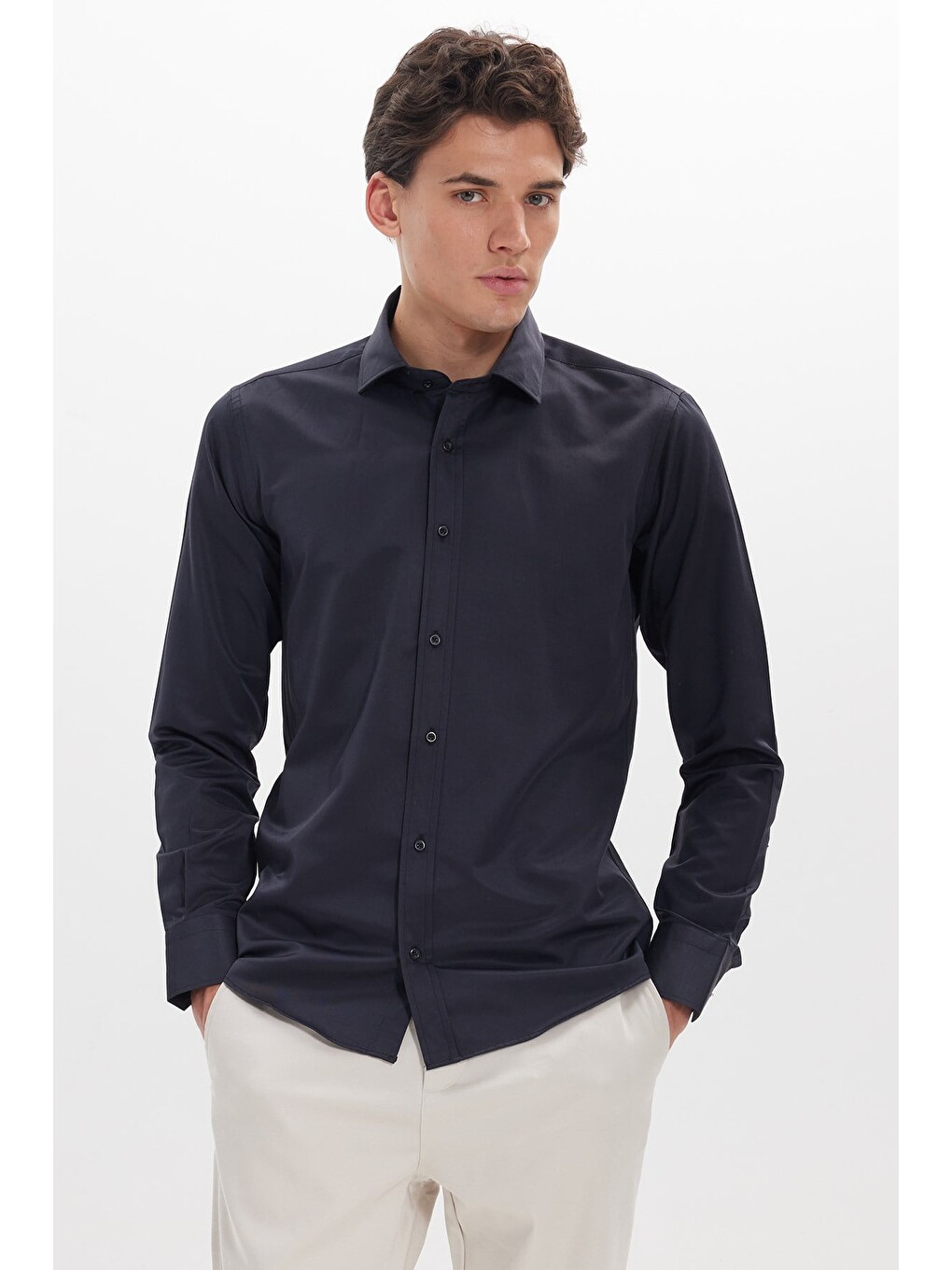 Erkek Modern Slim Fit Düz Saten Pamuklu Lacivert Gömlek-6