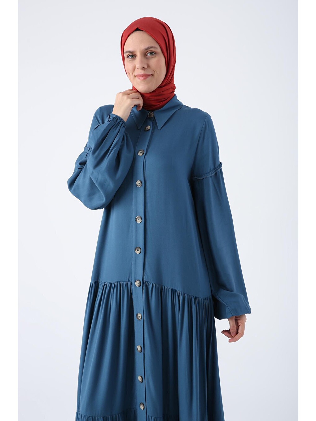 İndigo %100 Viskon Eteği Ve Kolları Fırfırlı Gömlek Elbise-4