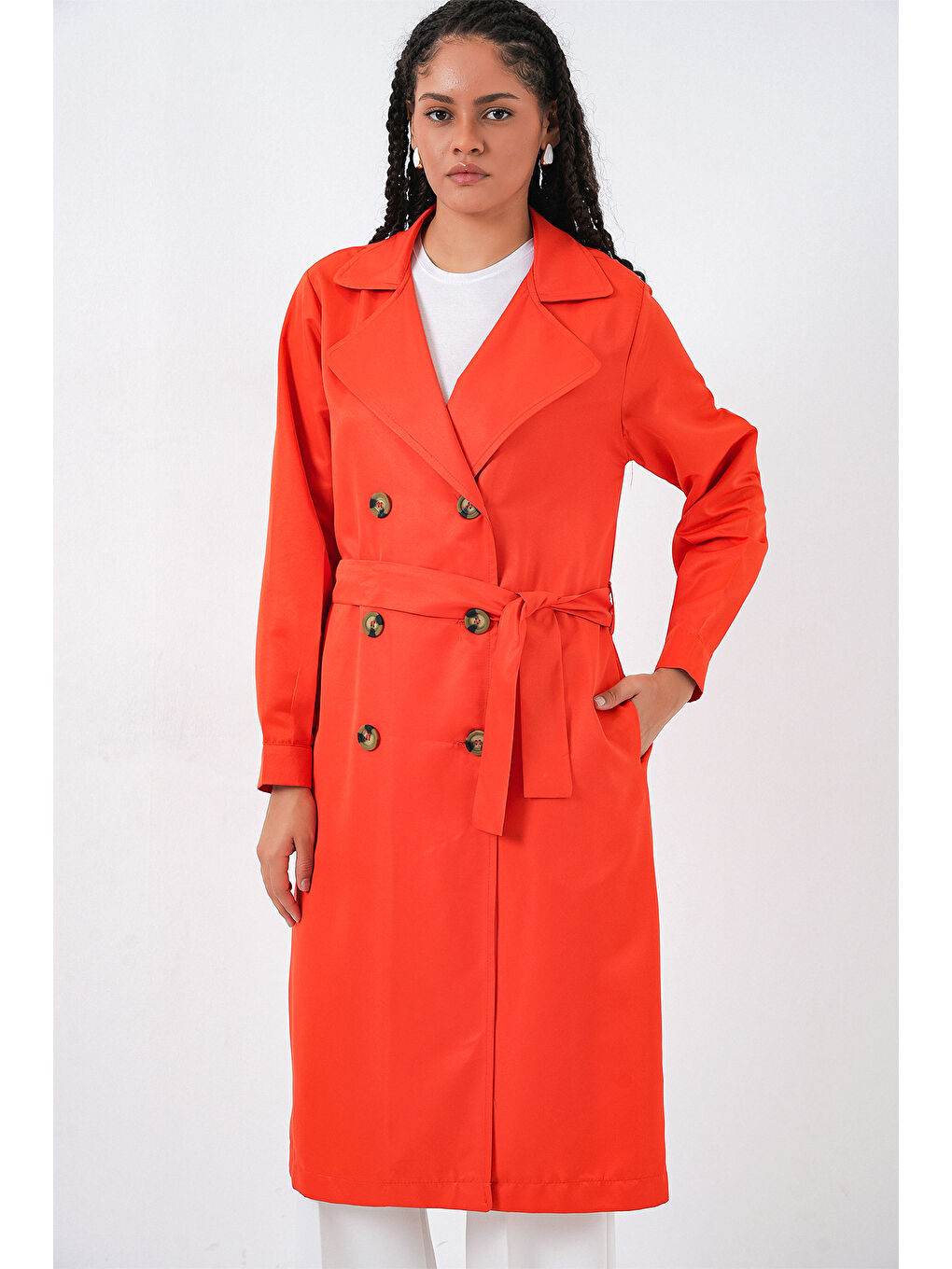 5853 Kruvaze Yaka Trençkot - Turuncu