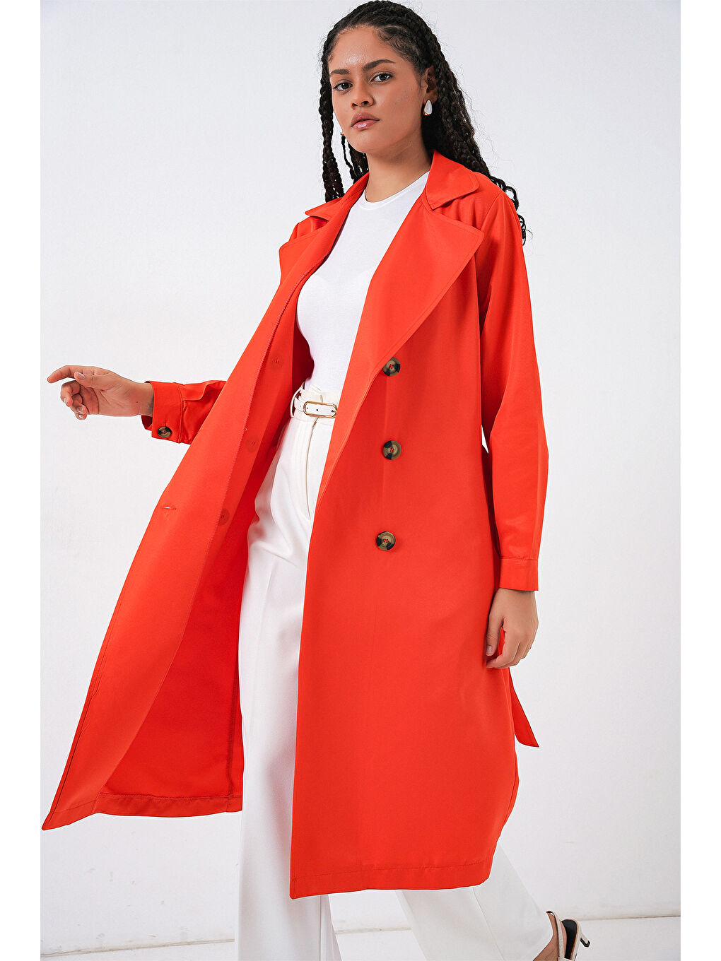 5853 Kruvaze Yaka Trençkot - Turuncu-1