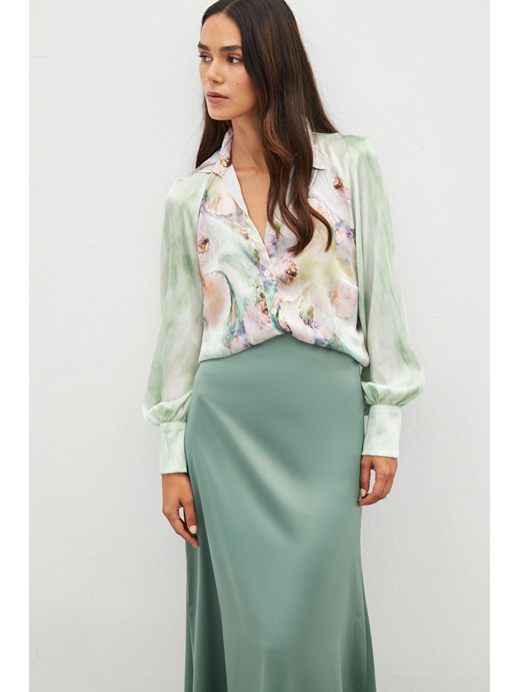 Balon Kollu Desenli Gömlek - Çağla Yeşili