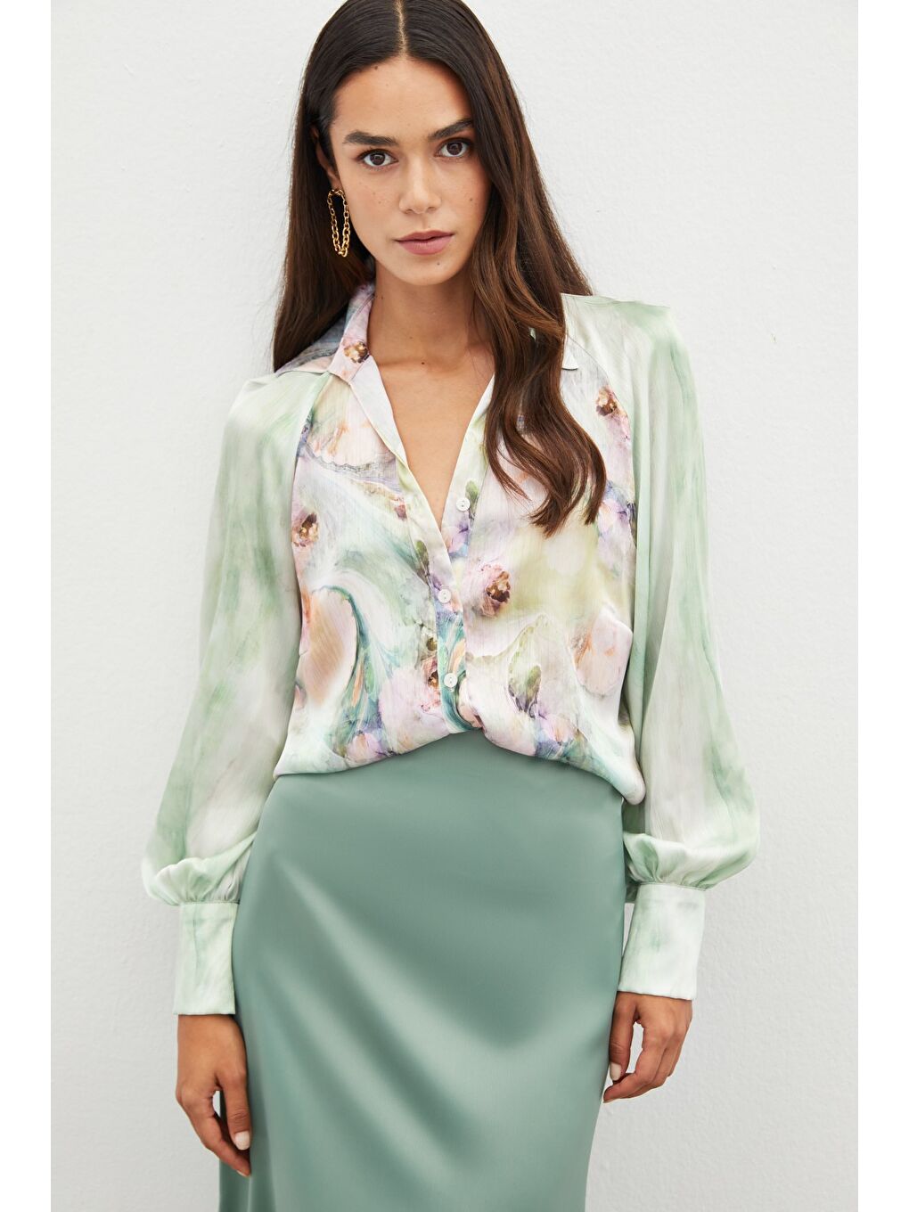 Balon Kollu Desenli Gömlek - Çağla Yeşili-1