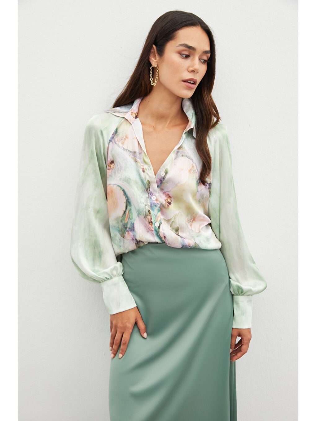Balon Kollu Desenli Gömlek - Çağla Yeşili-2