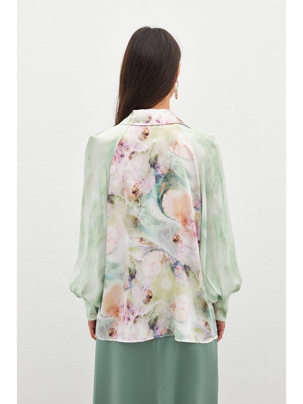 Balon Kollu Desenli Gömlek - Çağla Yeşili-4