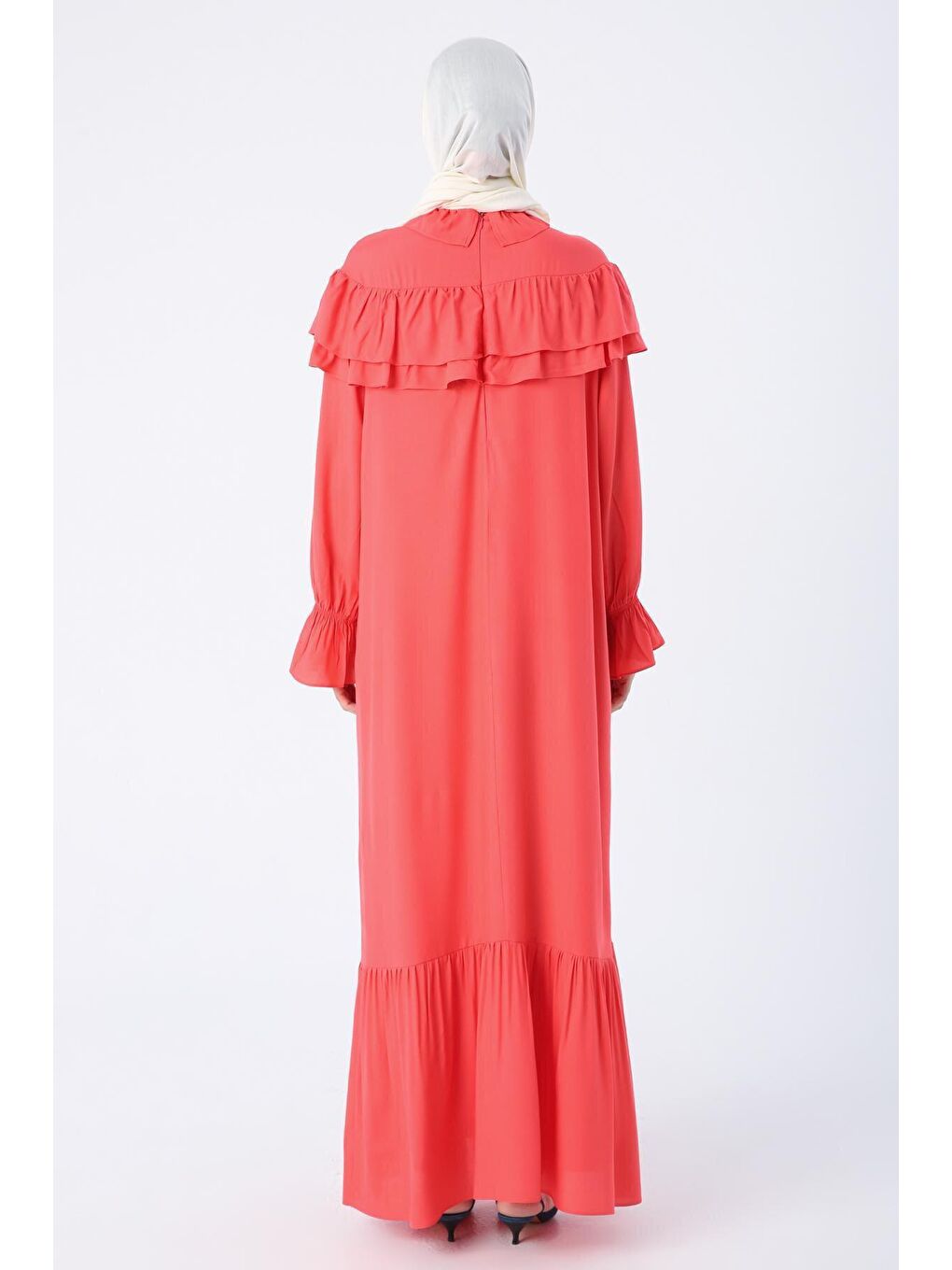 Kırmızı Nar Çiçeği Omuz Ve Kolu Volanlı Elbise-3