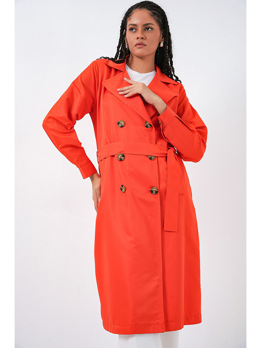 5853 Kruvaze Yaka Trençkot - Turuncu-3