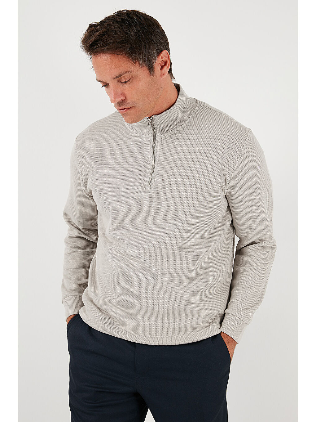 Bej Pamuklu Relaxed Fit Yarım Fermuarlı Sıfır Yaka Örme Sweat 5901076-5