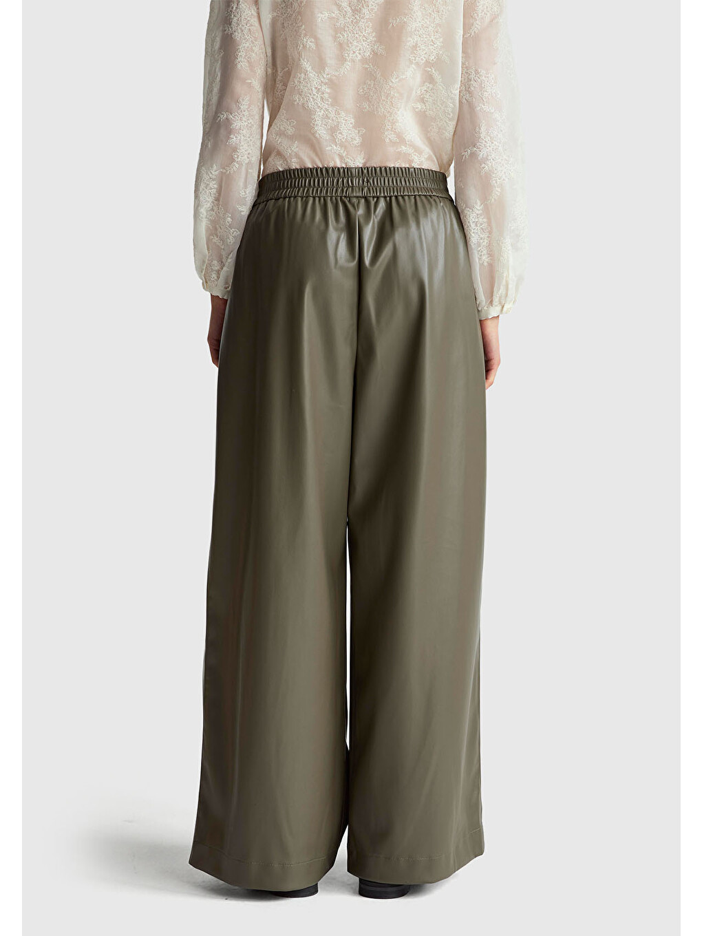 Kadın Haki Beli Lastikli Büzgülü Geniş Paça Pantolon-2