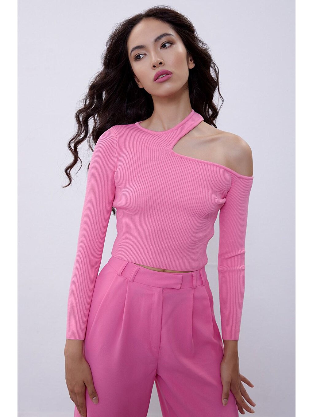 Pembe Omuz Dekolteli Bisiklet Yaka Triko Kazak SWK4532PE