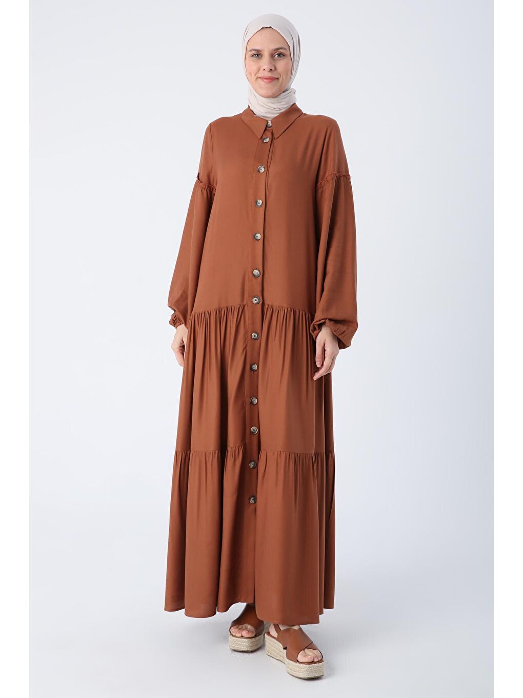 Kahverengi Açık Kahve %100 Viskon Eteği Ve Kolları Fırfırlı Gömlek Elbise-1