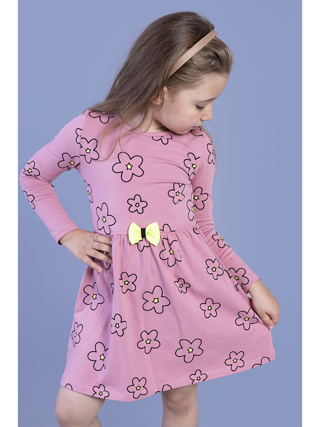 Pembe Kız Çocuk Çiçek Desenli Fiyonk Detaylı Elbise-2