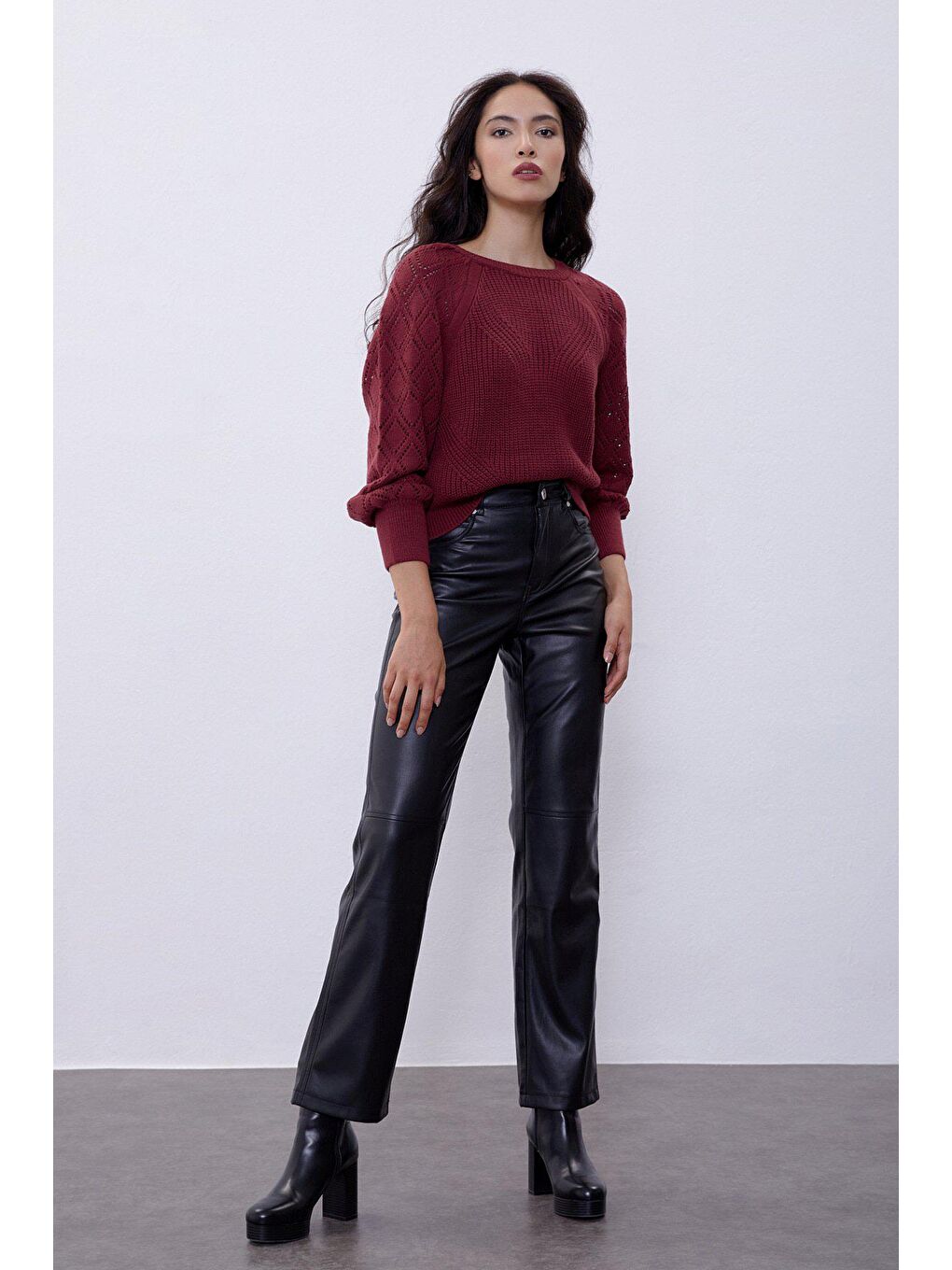 Bordo Ajurlu Balon Kollu Triko Kazak SWK4258BO-1