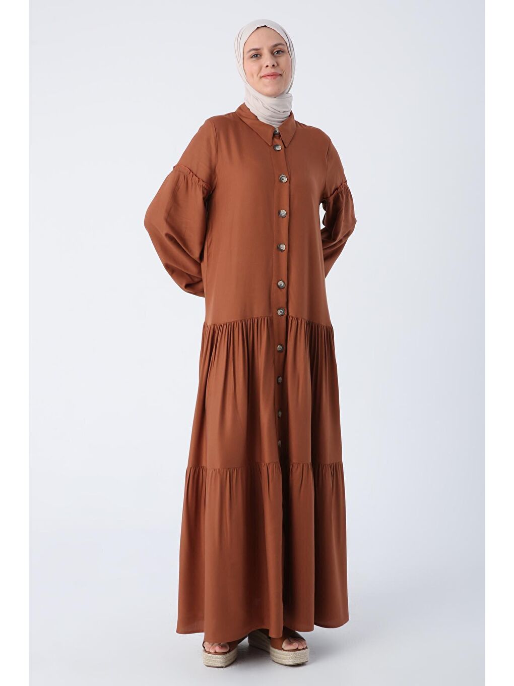 Kahverengi Açık Kahve %100 Viskon Eteği Ve Kolları Fırfırlı Gömlek Elbise-2