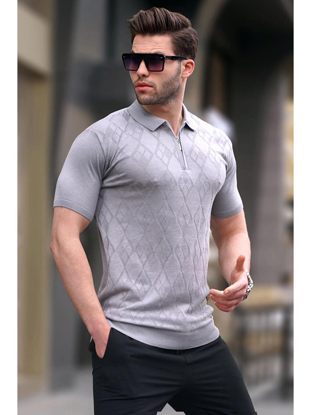 Desenli Triko Gri Polo Yaka Tişört 6357