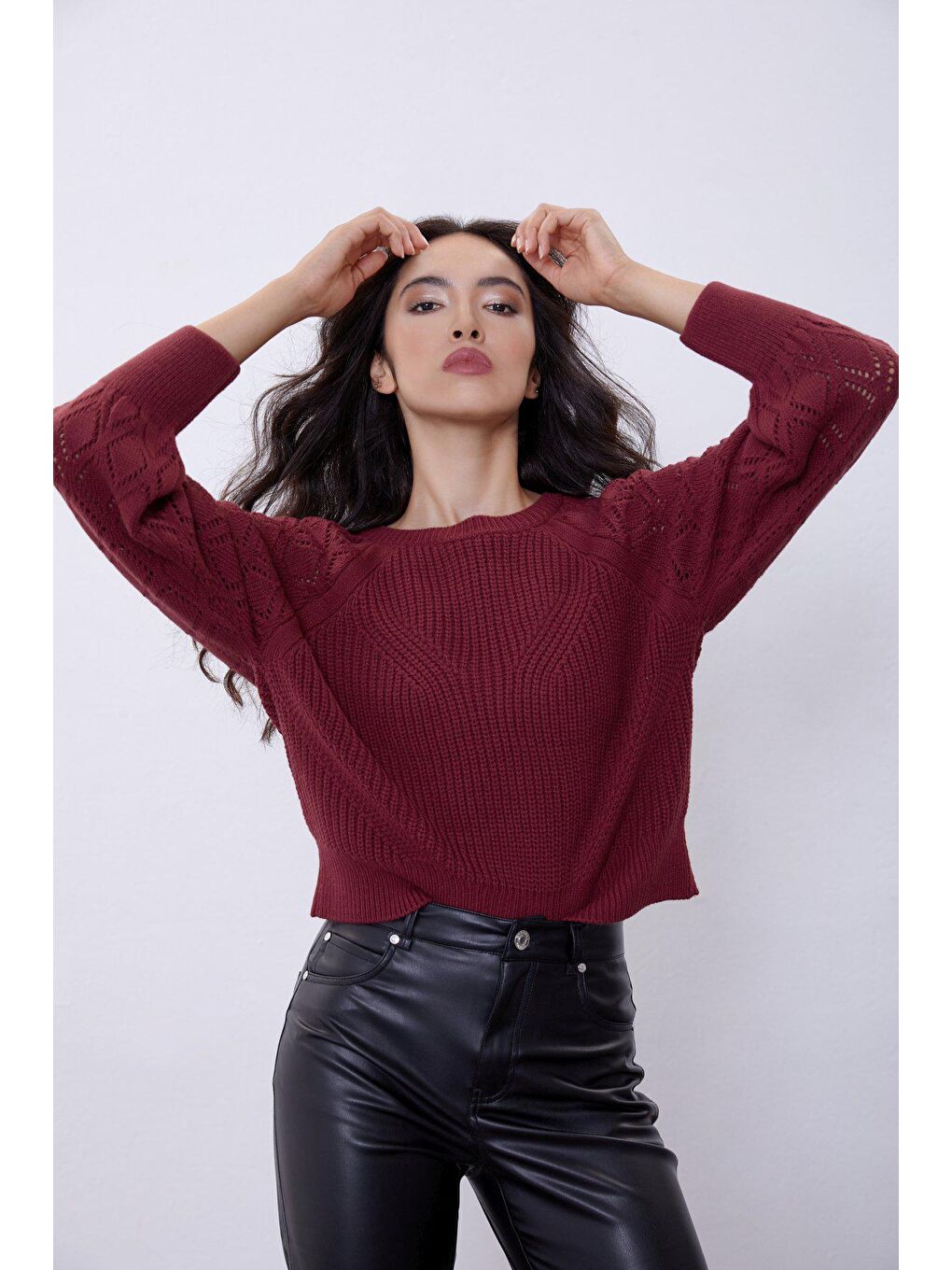 Bordo Ajurlu Balon Kollu Triko Kazak SWK4258BO-2