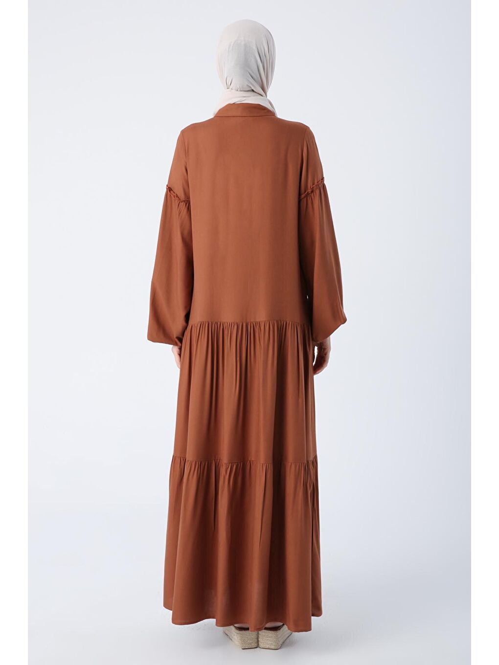 Kahverengi Açık Kahve %100 Viskon Eteği Ve Kolları Fırfırlı Gömlek Elbise-3