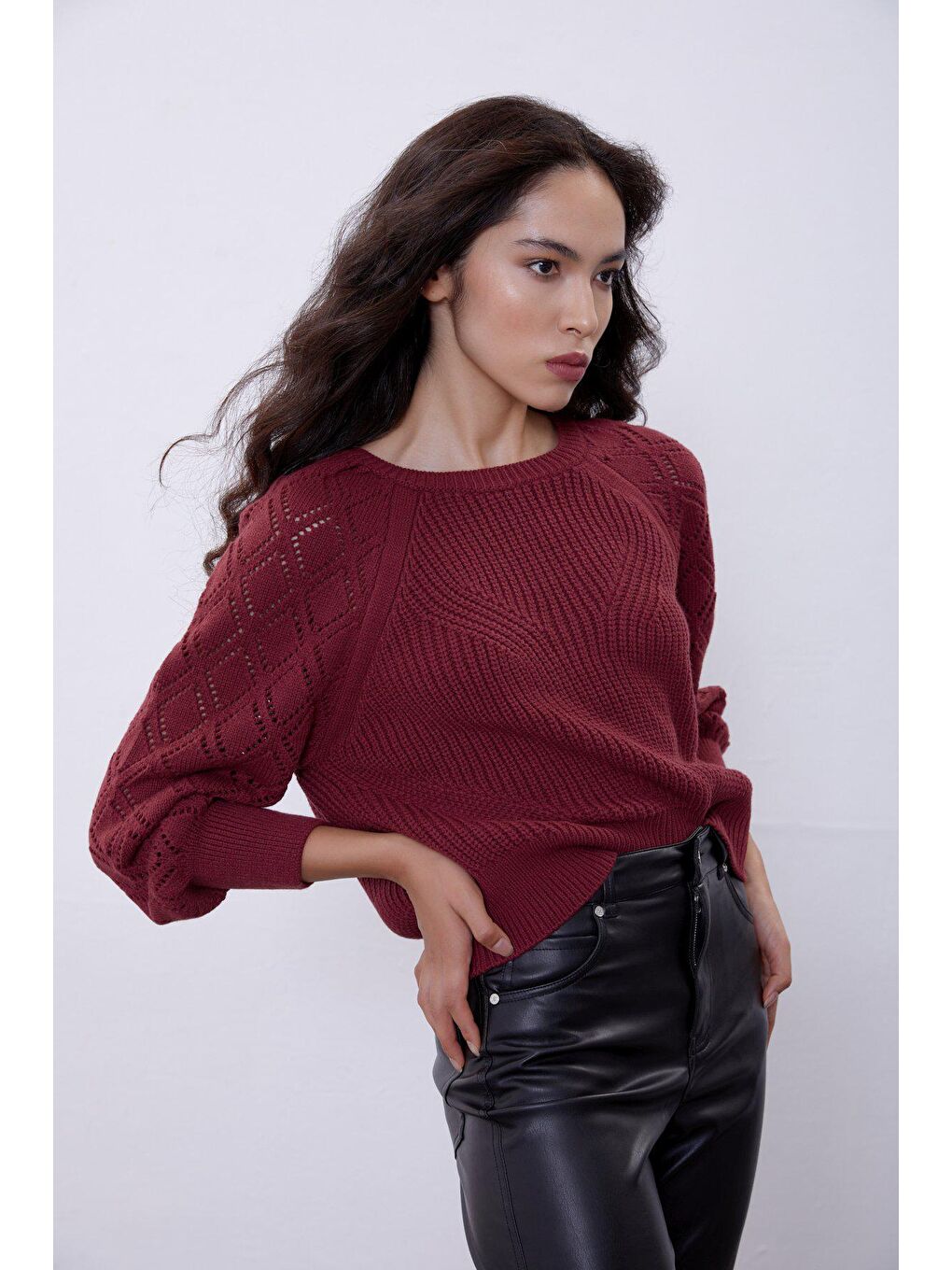 Bordo Ajurlu Balon Kollu Triko Kazak SWK4258BO-3