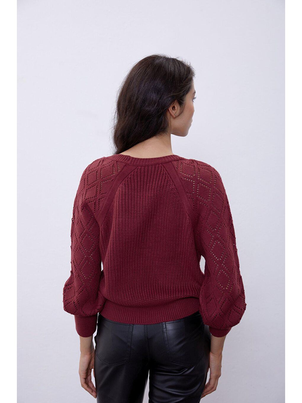 Bordo Ajurlu Balon Kollu Triko Kazak SWK4258BO-4