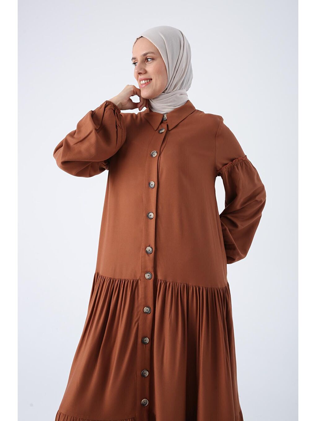 Kahverengi Açık Kahve %100 Viskon Eteği Ve Kolları Fırfırlı Gömlek Elbise-4