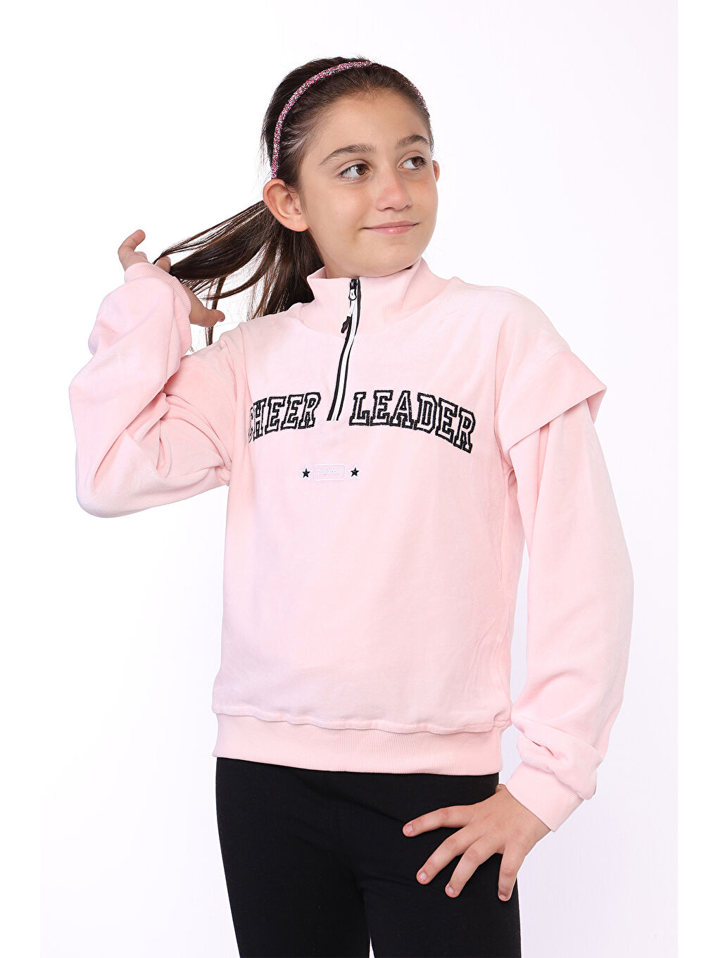 Pembe Kız Çocuk Fermuar Detaylı Nakışlı Kadife Sweatshirt-2