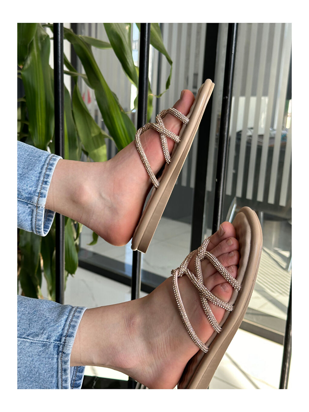 Bej EMMA Kadın Günlük Ortopedik Taşlı Şık Tarz ve Rahat Terlik-5