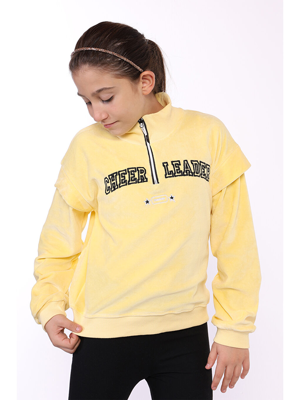 Sarı Kız Çocuk Fermuar Detaylı Nakışlı Kadife Sweatshirt-2