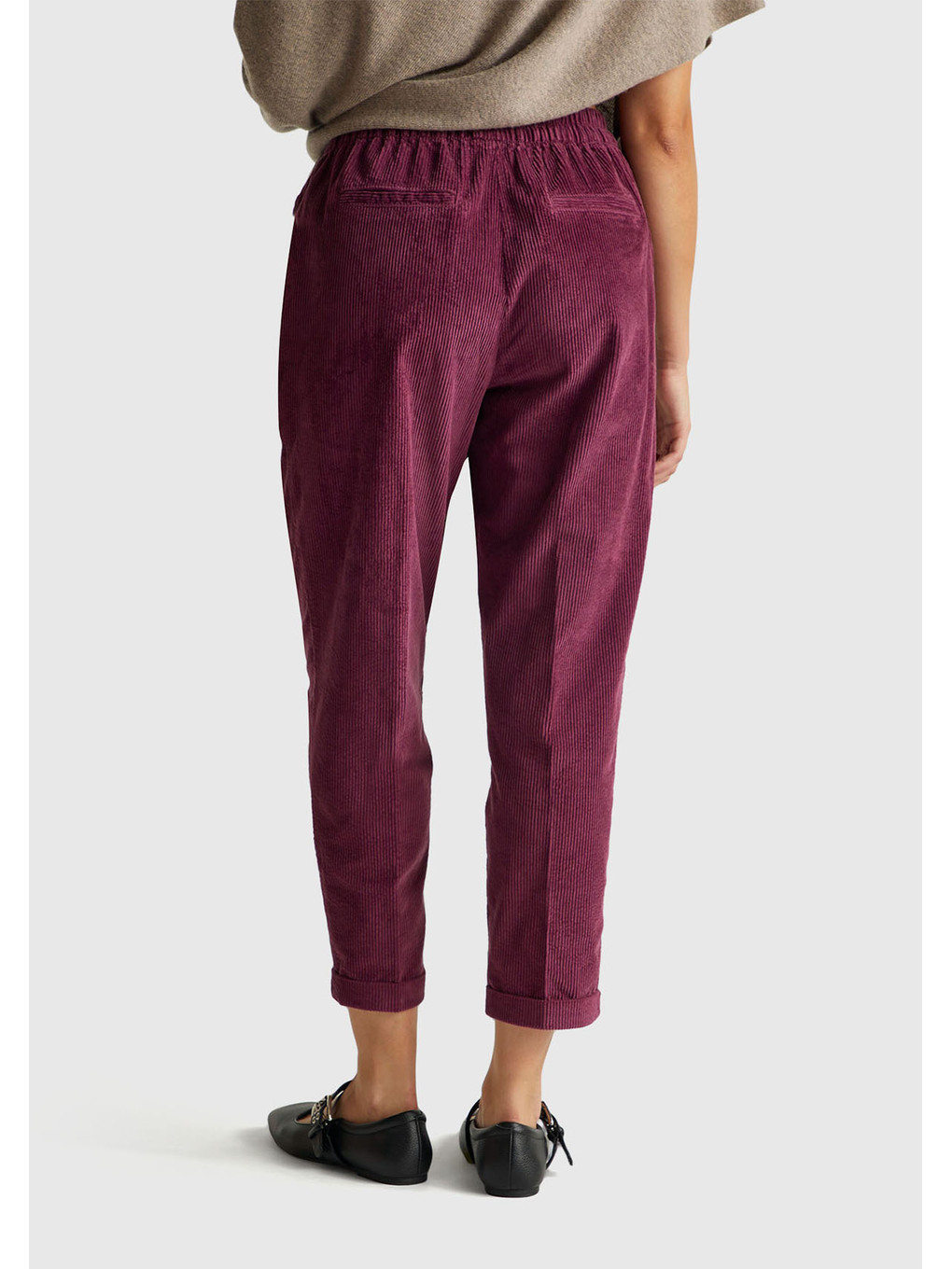 Kadın Mürdüm Beli Lastikli Kadife Pantolon-2