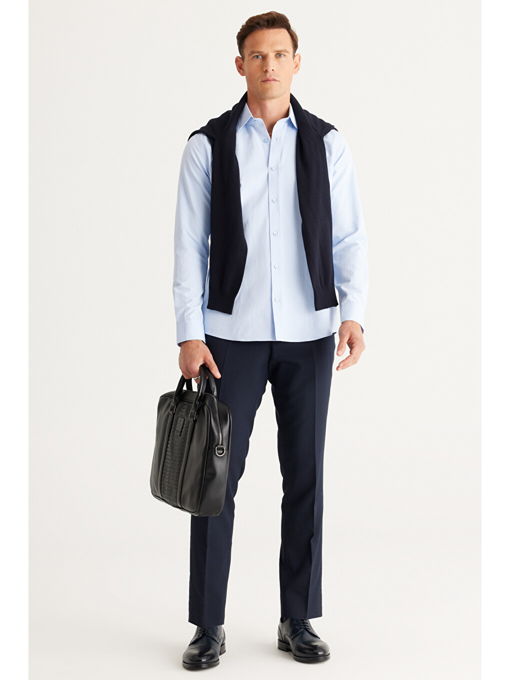 Erkek Açık Mavi Slim Fit Dar Kesim Klasik Yaka Pamuklu Armürlü Gömlek-3