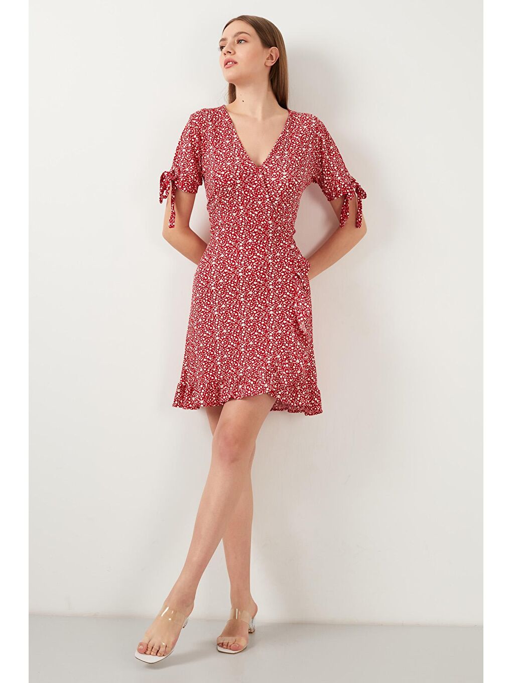 Kırmızı Dar Kesim Kruvaze Yaka Fırfır Detaylı Mini Elbise 5863719-1