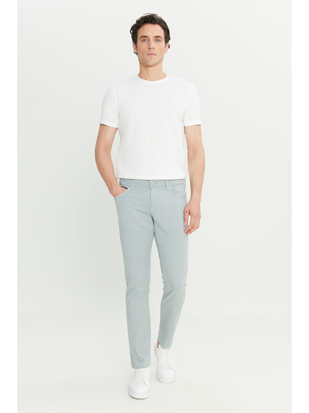 Erkek Mavi-Gri Pamuklu Slim Fit Dar Kesim Diagonal Desenli 5 Cep Casual Pantolon