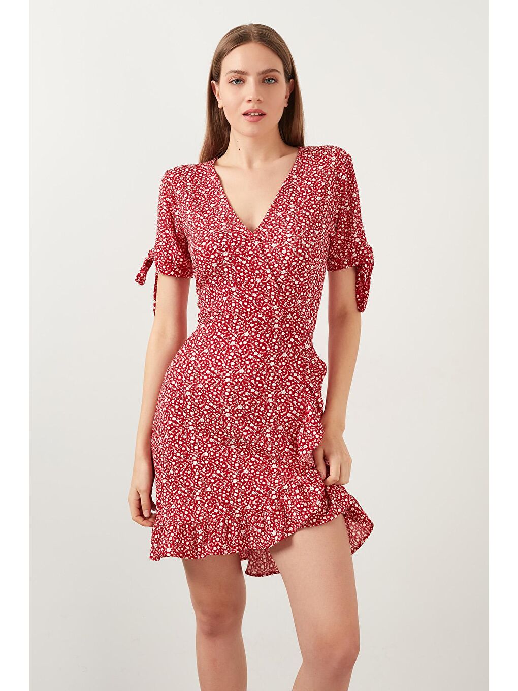 Kırmızı Dar Kesim Kruvaze Yaka Fırfır Detaylı Mini Elbise 5863719-2
